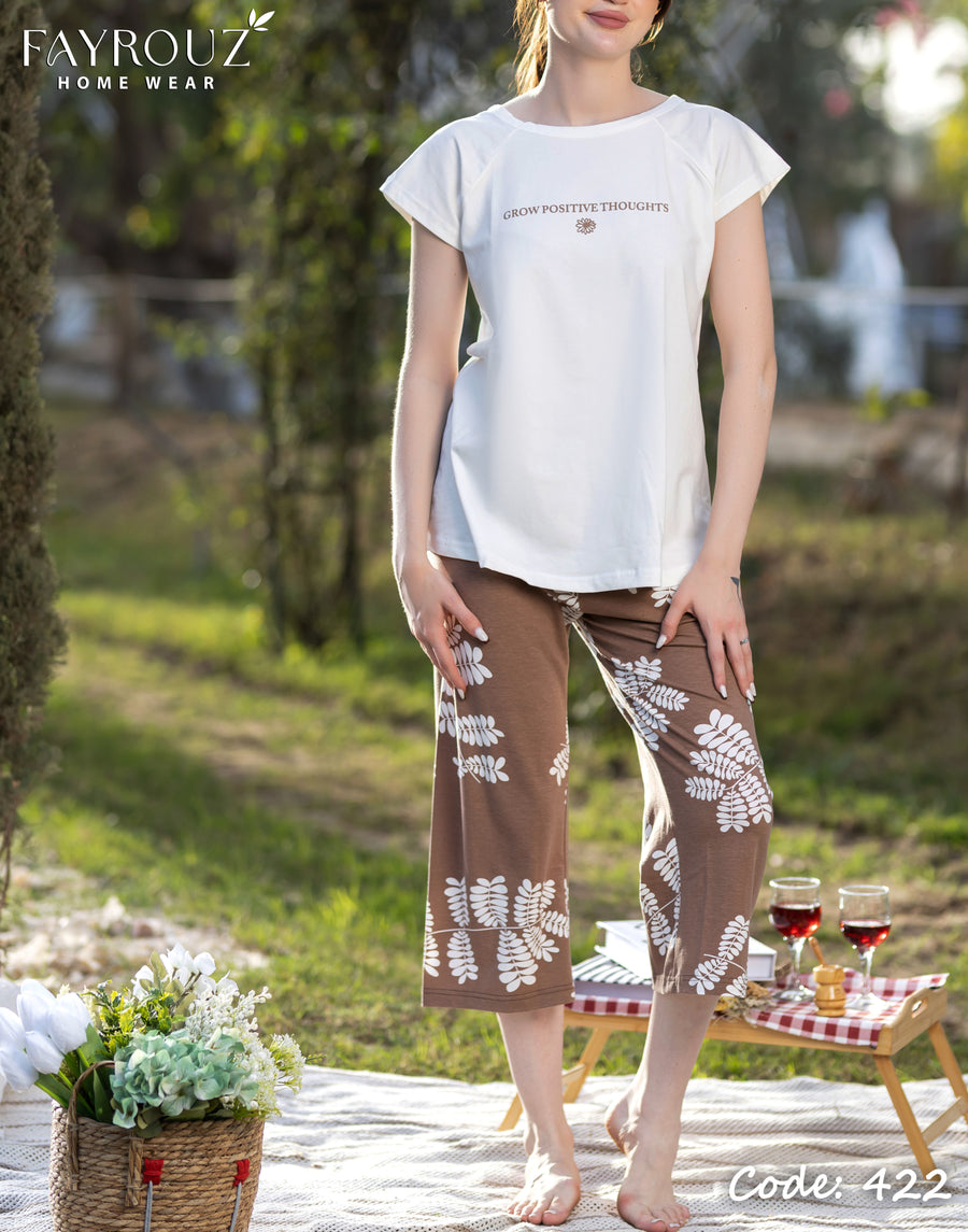 Grow White Cotton Short-Sleeve Pajama Set with Brown Leaf Print Bermuda Shorts